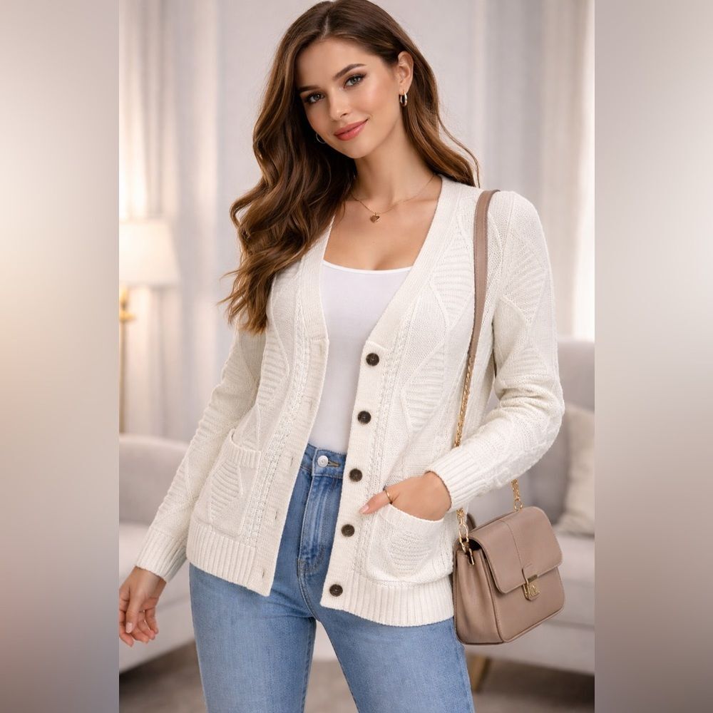 Madewell 100% Merino Wool Cream White Cardigan 2/ Pockets V-neck Size S NWOT